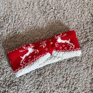 Budweiser Red Knit Reindeer Headband with Cream Sherpa Lining